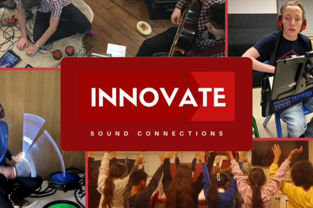 grid of images from various innovate past innovate projects, portraying young people engaging in various, innovative musical activities. Sound Connections' Innovate logo is placed in the centre of the grid.